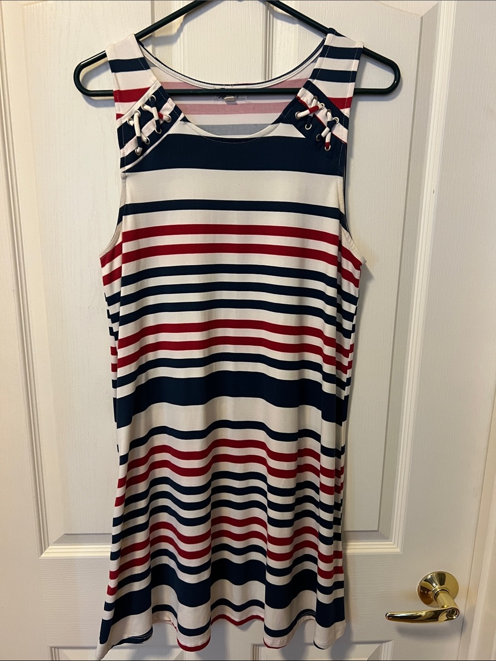 About A Girl Navy, Red & White Striped Lace-Up Shoulder Mini Dress